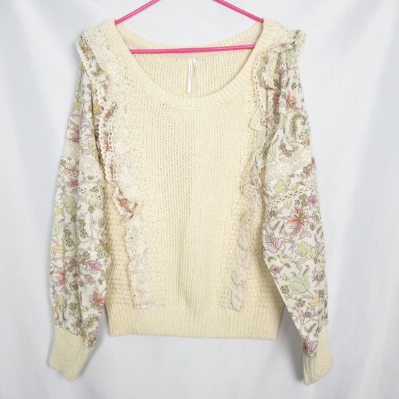 By Anthropologie Floral Printed-Sleeve Ruffle Sweater Cream - Large - Picture 4 of 12